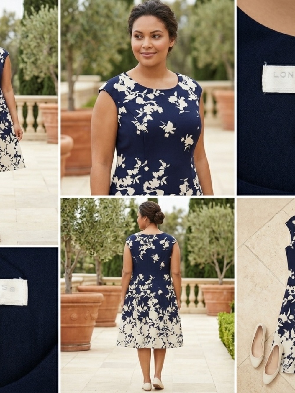 London Times Navy and Cream Floral Midi Dress